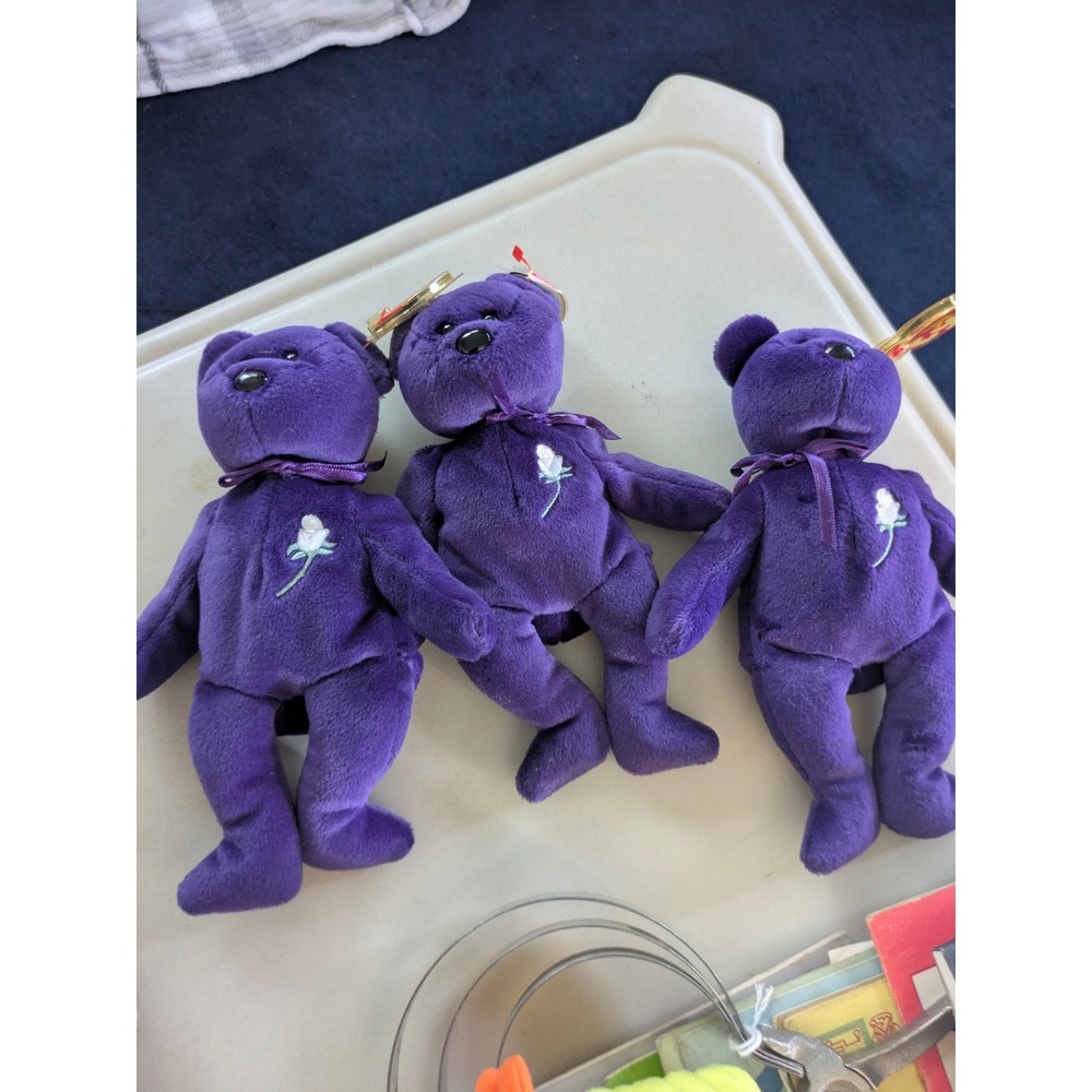 Ty Beanie Babies Princess Diana Purple Bear Lot of 3 Commemorative Plush 1997